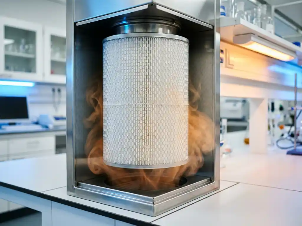 Weißer Industrieluftfilter mit Wabenstruktur in Edelstahlgehäuse filtert orange-braune Stickstoffdioxid-Gase