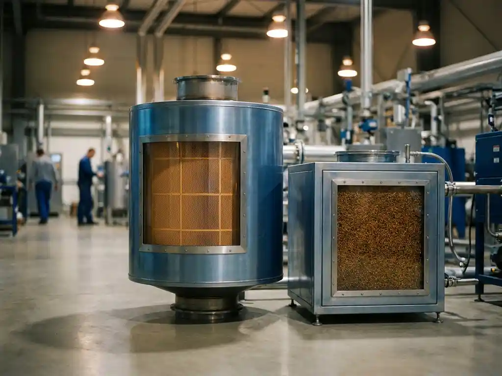 Industrielle NOx-Filteranlage mit sichtbarer Wabenstruktur neben kompakterem Filtersystem in sauberer Fabrikhalle