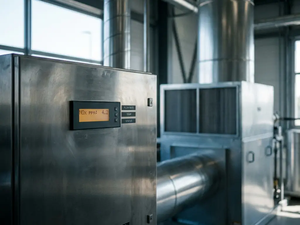 NOx-Messgerät auf Industriekontrollpanel mit Edelstahl-Lüftungsrohren und Luftfilteranlage in moderner Anlage
