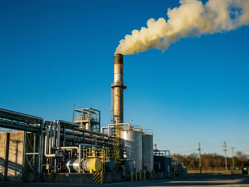 Industrieschornstein stößt gelblich-weiße Schwefeldioxid-Dämpfe in blauen Himmel aus, Chemiefabrik mit Stahlrohren im Vordergrund