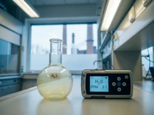 Laborkolben mit gelblichem Schwefelwasserstoffgas auf weißer Arbeitsplatte, digitaler H₂S-Detektor daneben, Industrieschornsteine im Hintergrund