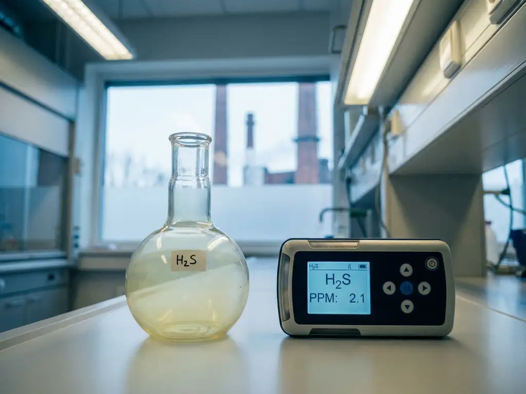 Laborkolben mit gelblichem Schwefelwasserstoffgas auf weißer Arbeitsplatte, digitaler H₂S-Detektor daneben, Industrieschornsteine im Hintergrund