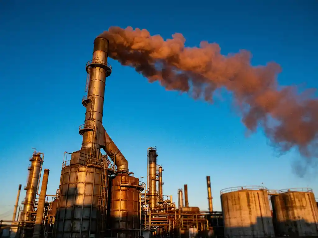 Industrieschornstein stößt rotbraune Stickstoffdioxid-Abgase gegen blauen Himmel aus, Chemiefabrik im Hintergrund