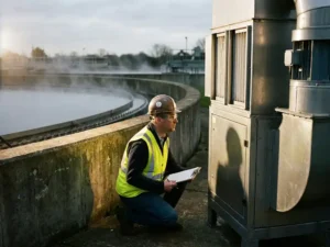 Arbeiter in Schutzausrüstung inspiziert industrielle Luftfilteranlage in Klärwerk mit Schwefelwasserstoff-Dämpfen