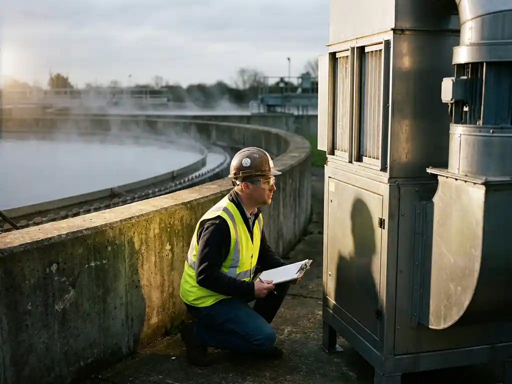 Arbeiter in Schutzausrüstung inspiziert industrielle Luftfilteranlage in Klärwerk mit Schwefelwasserstoff-Dämpfen