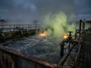 Giftiges gelbgrünes Gas steigt aus einem dunklen Abwasserbehandlungsbecken auf, industrielle Filterrohre und Roste an der Wasseroberfläche sichtbar.