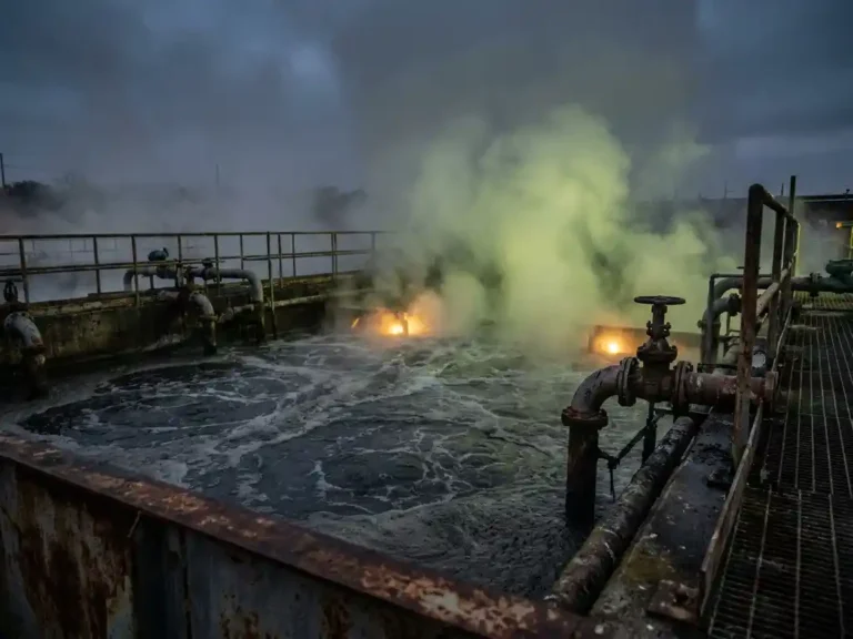 Giftiges gelbgrünes Gas steigt aus einem dunklen Abwasserbehandlungsbecken auf, industrielle Filterrohre und Roste an der Wasseroberfläche sichtbar.