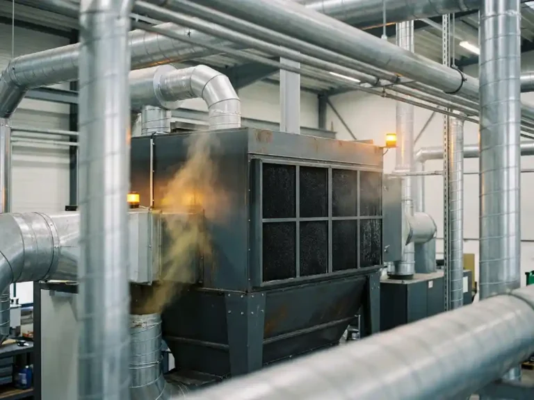 Industrielle Aktivkohle-Filteranlage in einem Abluftkanal einer modernen Fabrik, gelblicher Dunst löst sich in saubere Luft auf.