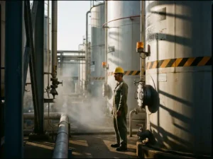 Arbeiter mit gelbem Schutzhelm neben großen Ammoniak-Lagertanks in einer Chemieanlage mit leichtem Dunst in der Luft.