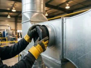 Techniker installiert Chemikalienfilterkartusche in industriellen Lüftungskanal aus Edelstahl mit gelbem Filtergehäuse.