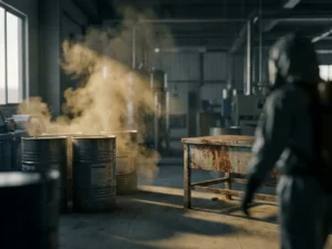 Gelblich-brauner Chemiedunst steigt aus Industriebehältern in einer Fabrik auf, korrodierte Metalloberfläche im Hintergrund.