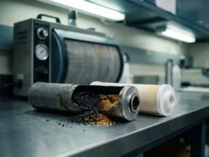 Verbrauchte Chemisorptionsfilterpatrone aufgeschnitten neben neuem Ersatzfilter auf Stahltisch, gesättigte Aktivkohlegranulate sichtbar.