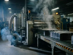 Industrielle Druckmaschine im Betrieb mit aufsteigenden Lösemitteldämpfen und montierter Luftfilteranlage in einer Druckerei.