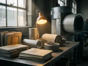 Förderdokumente und Industrieluftfilter-Komponenten auf einem Stahl-Werkstattisch, zylindrische Filteranlage im Hintergrund.