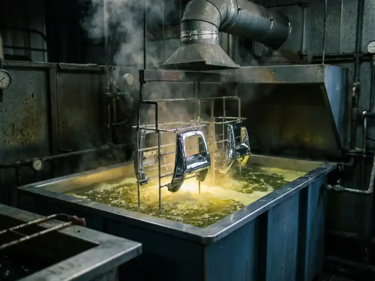 Dampfendes Galvanikbecken mit verchromten Metallteilen in sprudelnder Chemikalienlösung, Abzugshaube im Hintergrund.