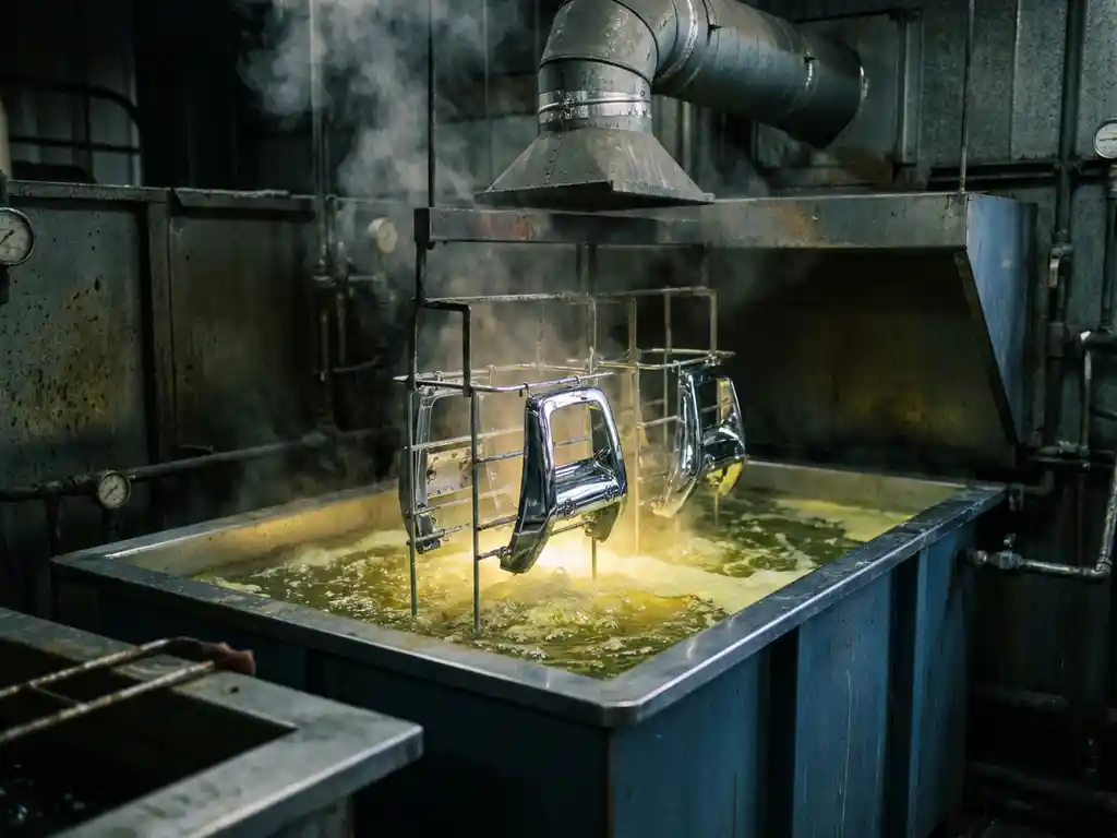 Dampfendes Galvanikbecken mit verchromten Metallteilen in sprudelnder Chemikalienlösung, Abzugshaube im Hintergrund.