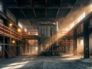 Industrielle Filteranlage in einer teilweise abgerissenen Fabrikhalle mit Baugerüst, Stahlträgern und staubigen Lichtstrahlen.