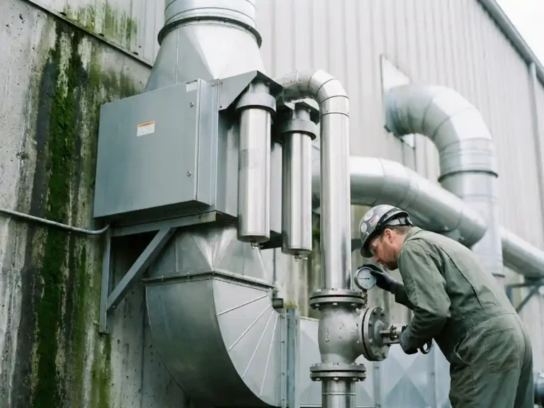 Techniker in Schutzkleidung prüft Ventilmanometer einer industriellen Abluftfilteranlage aus Edelstahl an einer Betonwand.