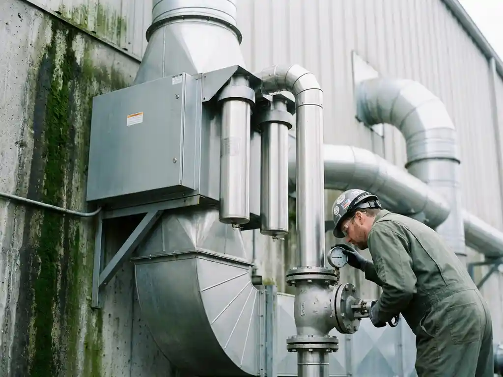Techniker in Schutzkleidung prüft Ventilmanometer einer industriellen Abluftfilteranlage aus Edelstahl an einer Betonwand.