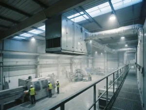 Industrielle Lüftungsanlage mit Kanalsystem an der Decke einer Fabrikhalle, Arbeiter in Schutzausrüstung darunter.