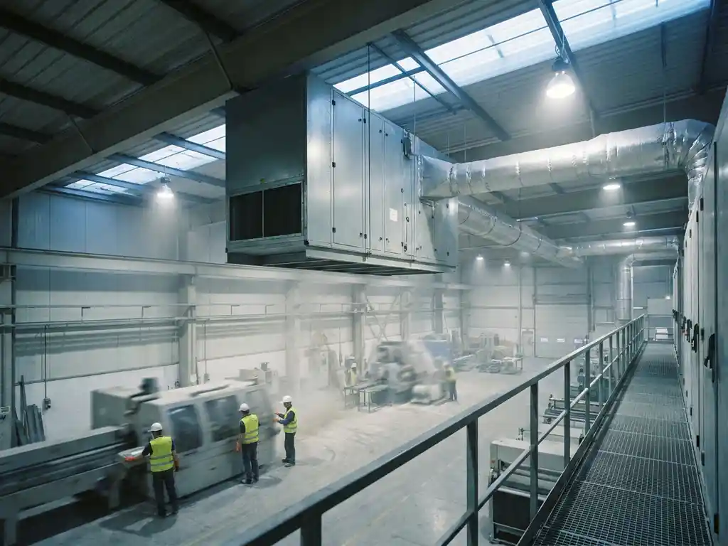 Industrielle Lüftungsanlage mit Kanalsystem an der Decke einer Fabrikhalle, Arbeiter in Schutzausrüstung darunter.