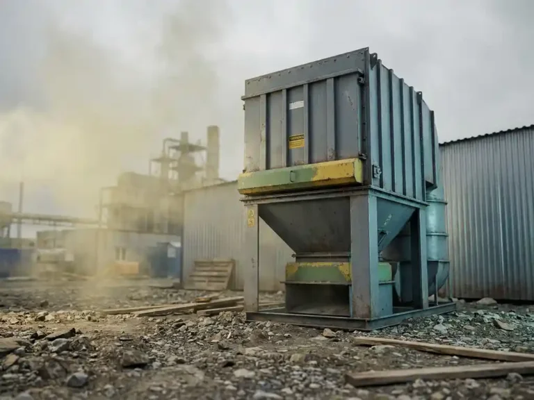 Industrielle Luftfilteranlage auf Baustelle mit gelblichem Dunst aus nahegelegener Verarbeitungsanlage im Hintergrund.