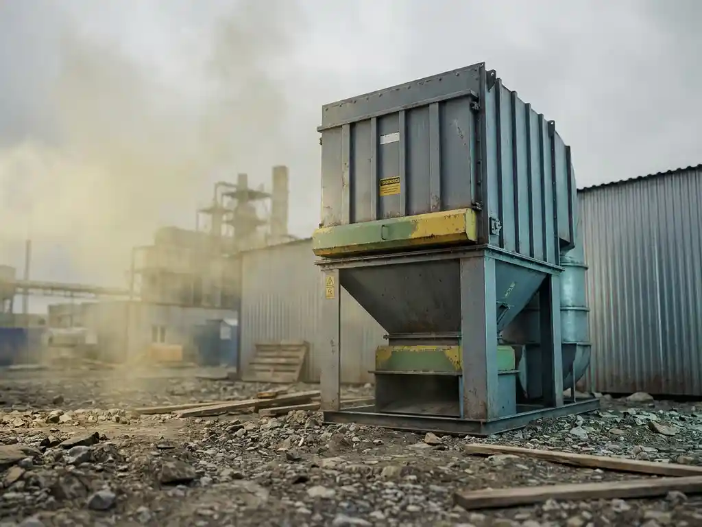 Industrielle Luftfilteranlage auf Baustelle mit gelblichem Dunst aus nahegelegener Verarbeitungsanlage im Hintergrund.