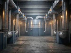 Zentrale Industrieluftfilteranlage am Ende eines Fabrikkorridors mit deckenmontieren Filtermodulen und konvergierenden Stahlrohren.