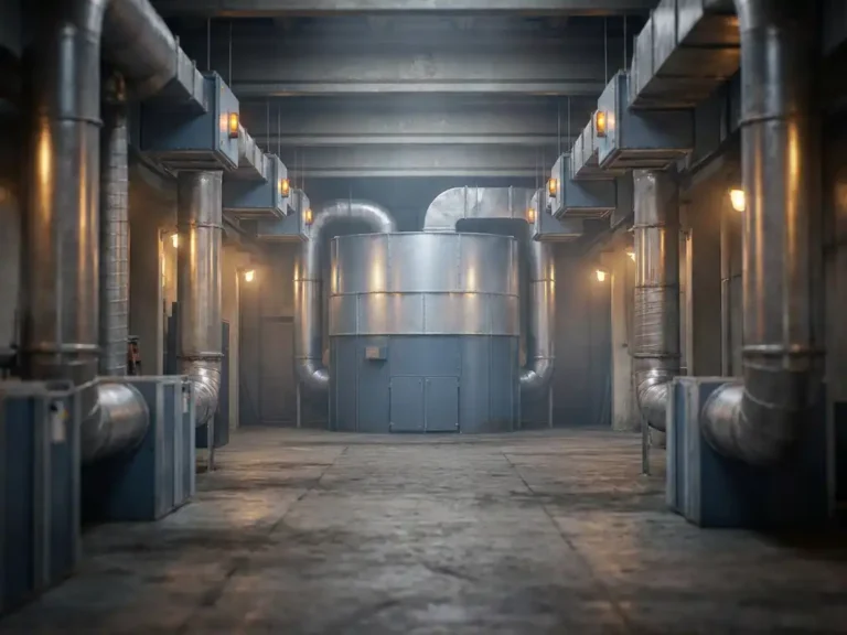 Zentrale Industrieluftfilteranlage am Ende eines Fabrikkorridors mit deckenmontieren Filtermodulen und konvergierenden Stahlrohren.