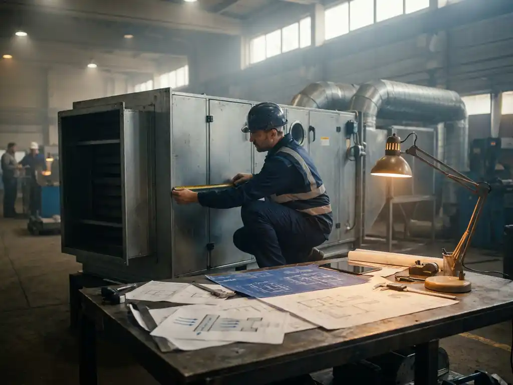 Ingenieur vermisst eine große Industrieluftfilteranlage auf einer Fabrikhalle mit technischen Zeichnungen auf einem Stahltisch.