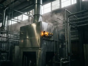 Industrielle Luftfilteranlage mit amber-leuchtenden Präzisionssensoren, umgeben von Metallrohren in einer schwach beleuchteten Fabrik.