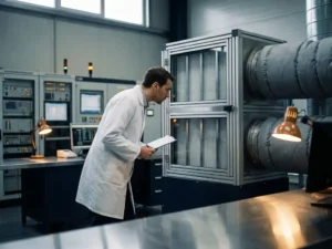 Techniker im weißen Kittel inspiziert industrielle Luftfilteranlage mit Metallkanälen in einem Fabrik-Kontrollraum.