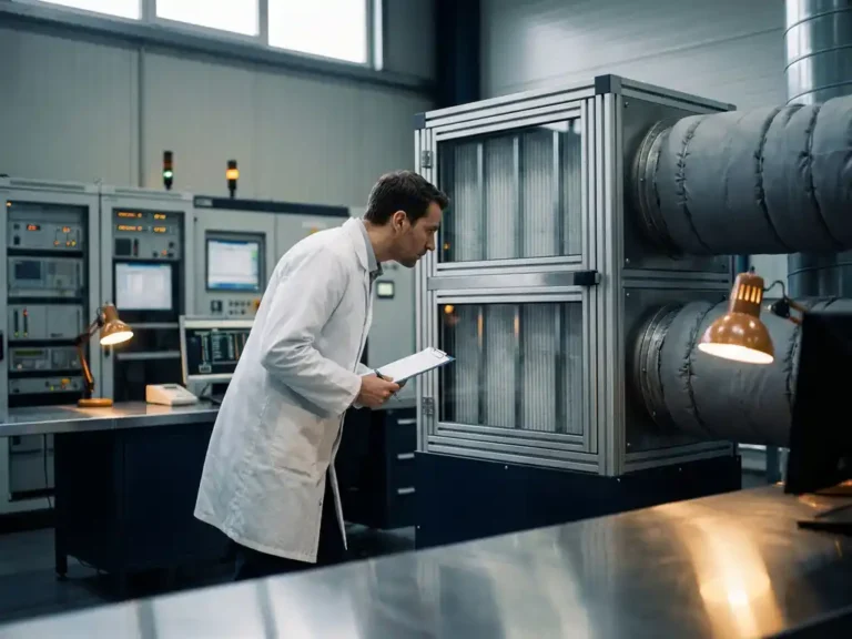 Techniker im weißen Kittel inspiziert industrielle Luftfilteranlage mit Metallkanälen in einem Fabrik-Kontrollraum.