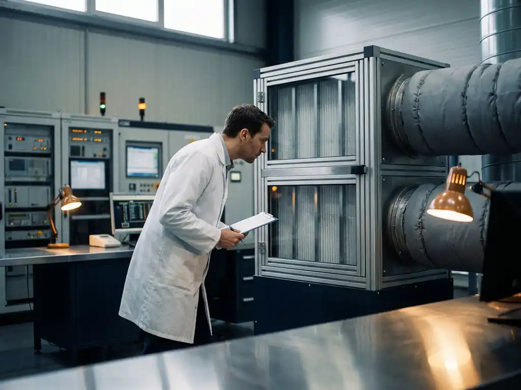 Techniker im weißen Kittel inspiziert industrielle Luftfilteranlage mit Metallkanälen in einem Fabrik-Kontrollraum.