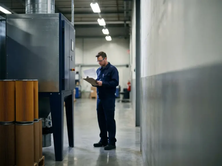 Industrielle Luftfilteranlage auf sauberem Fabrikboden, Techniker prüft Wartungscheckliste, Ersatzfilterkartuschen gestapelt daneben.