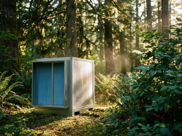 Industrielle Luftfilteranlage in sonnendurchfluteter Waldlichtung mit moosbedecktem Boden und klarer Luft zwischen grünen Blättern.