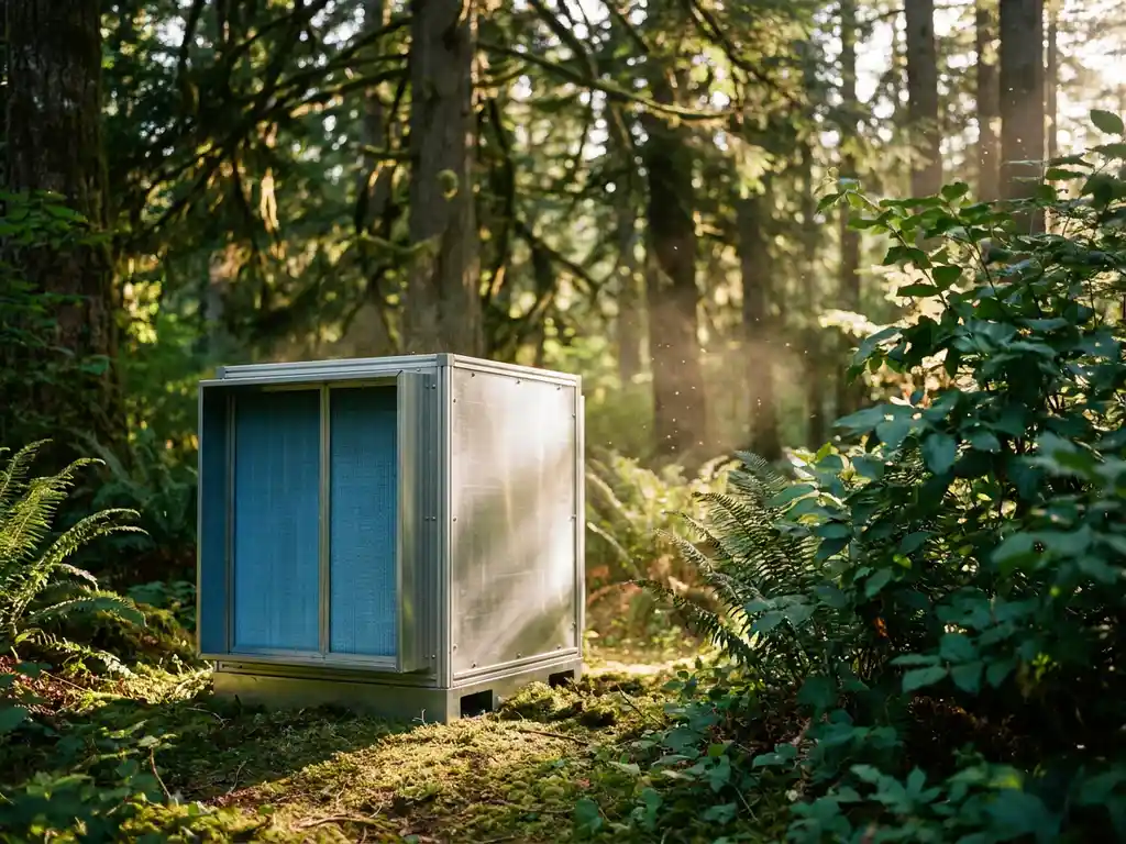 Industrielle Luftfilteranlage in sonnendurchfluteter Waldlichtung mit moosbedecktem Boden und klarer Luft zwischen grünen Blättern.