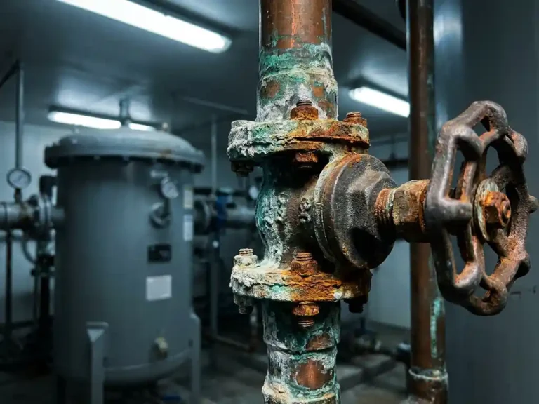 Korrodierte Kupferarmaturen und Ventilkomponenten in einer Wasseraufbereitungsanlage mit grüner Oxidation und Rostbildung durch Chlorschäden.