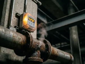 Korrodiertes Metallrohr mit Dampfaustritt in Industrieanlage, Ammoniak-Warnsensor leuchtet amber im Hintergrund.