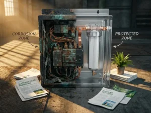 Korrodiertes Industriesteuerfeld mit beschädigten Kupferkontakten neben gefiltertem, geschütztem Gehäuse, ESG-Dokumente und grüne Pflanze auf Stahlfabrikboden.