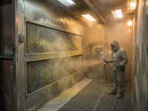 Lackierkabine mit schwebenden Overspray-Partikeln in der Luft, Industriefiltereinheit an der Wand, warmes Bernsteinlicht durchdringt die dunstige Atmosphäre.