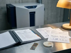 Industrieller Compliance-Ordner auf Stahlschreibtisch mit Luftqualitätsmessblättern, Korrosionsklassifizierungsproben und Filtermedium.