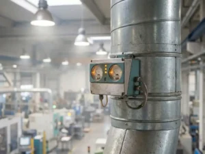 Kompakter Luftqualitätssensor an Industrielüftungskanal mit Präzisionsmanometern und Probenahmeöffnungen in leicht dunstiger Fabrikhalle.