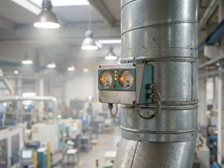 Kompakter Luftqualitätssensor an Industrielüftungskanal mit Präzisionsmanometern und Probenahmeöffnungen in leicht dunstiger Fabrikhalle.