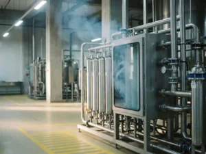 Ozongas strömt durch eine industrielle Filtrationsanlage mit Edelstahlrohren und Filtergehäusen in einer sauberen Fabrikumgebung.