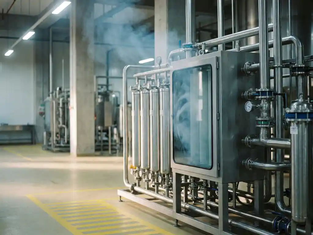 Ozongas strömt durch eine industrielle Filtrationsanlage mit Edelstahlrohren und Filtergehäusen in einer sauberen Fabrikumgebung.