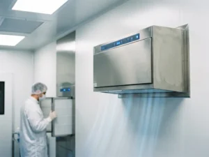 Pharmazeutischer Reinraum mit Edelstahl-HEPA-Filtrationseinheit, laminarer Luftströmung und Techniker bei der Filterinspektion.