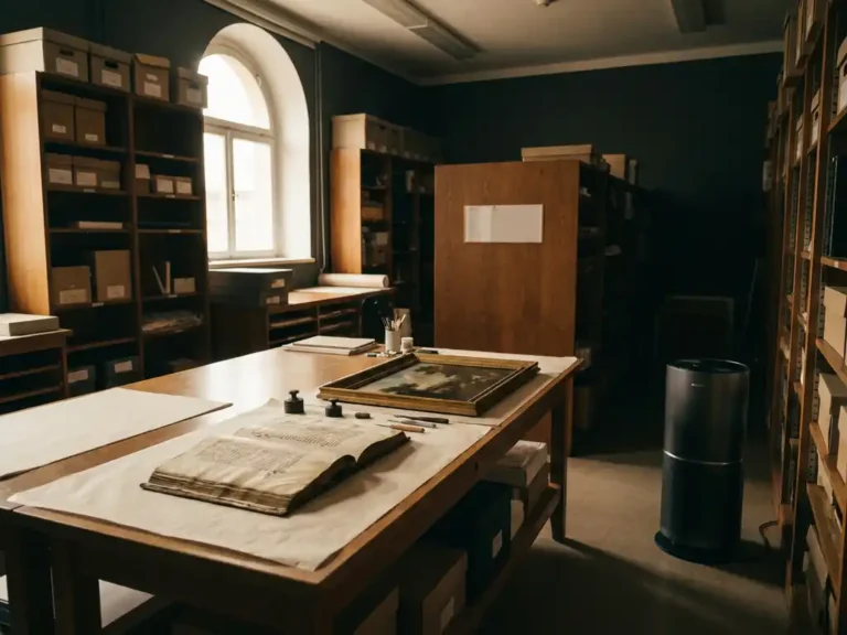 Offenes Manuskript und klassisches Ölgemälde auf einem Konservierungstisch in einem Archivraum mit Luftfilteranlage.