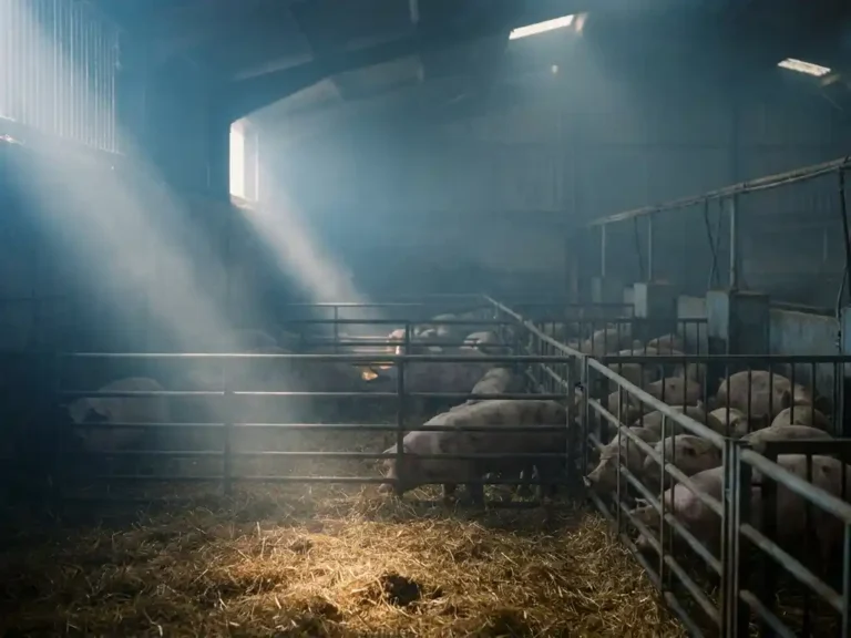 Schweinestall mit Dutzenden Schweinen in dämmrigen Buchten, Morgenlicht fällt durch Lüftungsschlitz in staubige Luft.