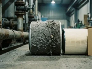 Stark verstopfter Industrieluftfilter mit grauem Staub neben sauberem Ersatzfilter auf Betonboden einer Fabrik.